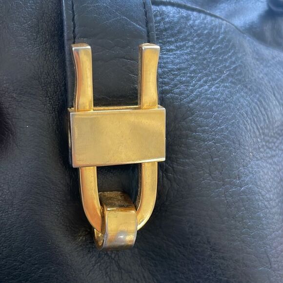 Italian Leather bucket bag crossbody shoulder handbag drawstring black gold - Picture 13 of 13